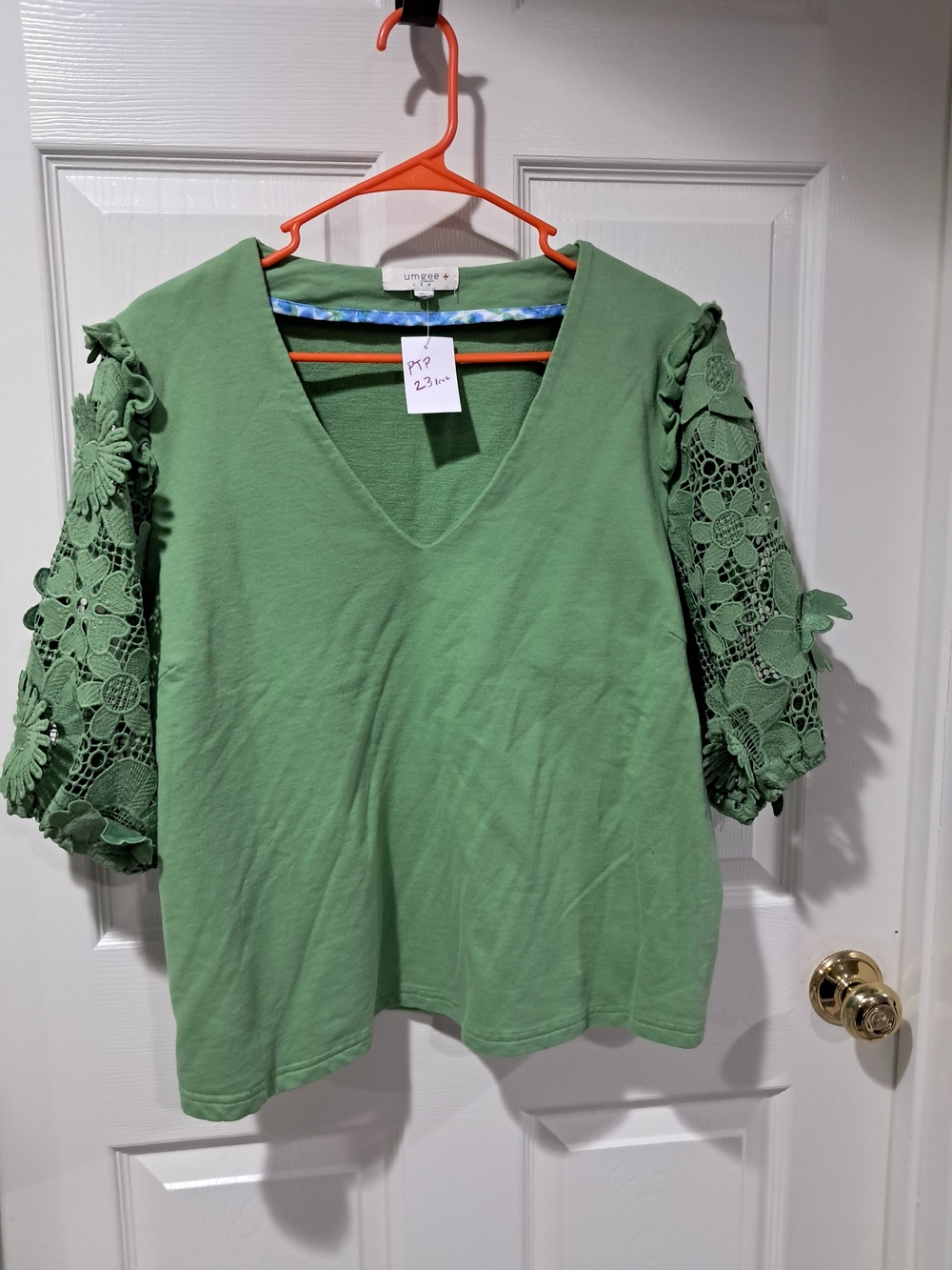 Umgee Sage Green V-Neck Top with Crochet Floral Sleeves